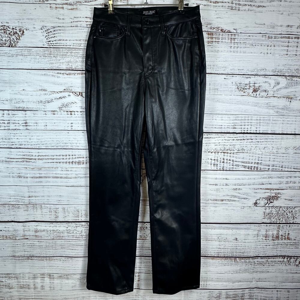 Judy Blue Faux Leather Black Straight Leg Pants Tummy Control Womens Size 5/27